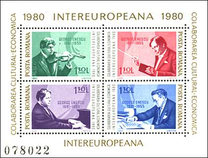 Romania, 1980. Intereuropean Collaboration. George Enescu as Violin Player, Conductor, Pianno Player, Composer. Mi. Block 169.