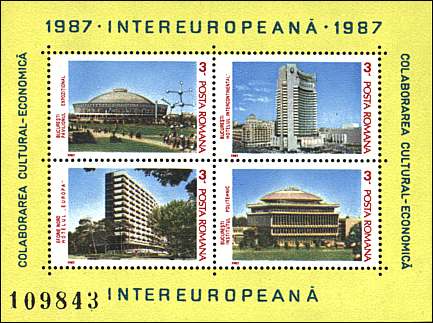 Romania, 1987. The Intercultural Cooperation. Exhibition Building, Intercontinental Hotel, Polythechnical Institutte in Buc., Hotel Europa in Eforie. Mi. Bl. 231